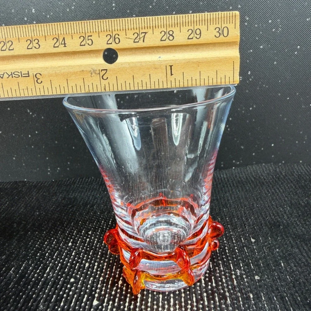 Italian Art Glass Shot Glasses Set 2 Orange Rigaree Flared Clear Glass MCM
